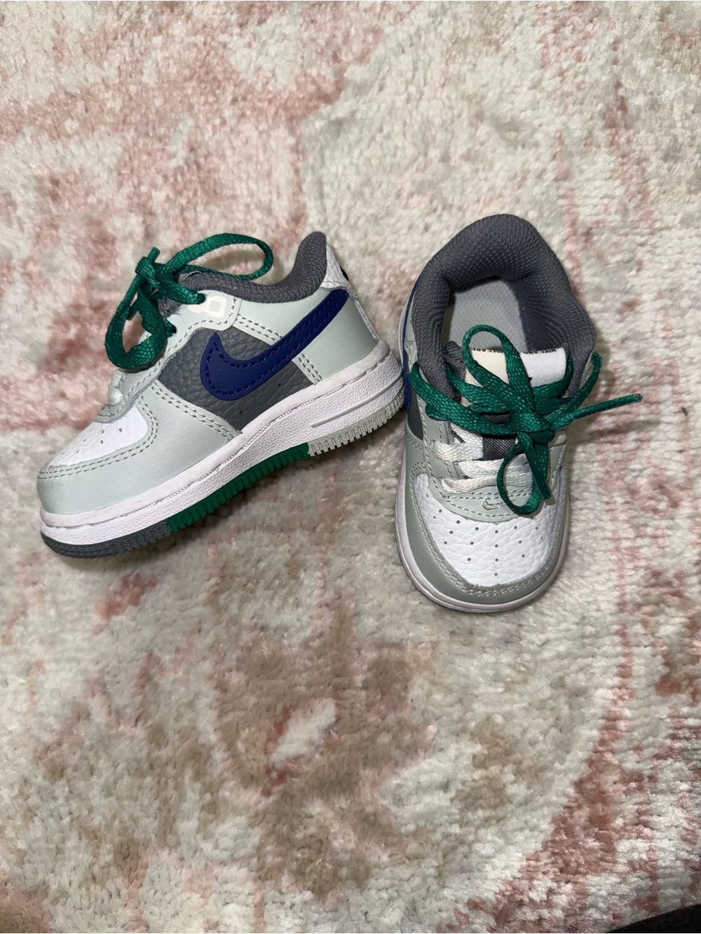 Toddler Nike Athletic Sneakers in White, Gray & Green with Navy Accent
